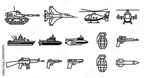 A collection of military vehicles and weaponry depicted in a stark black and white outline silhouette high quality professional detailed modern elegant stylish