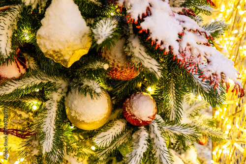 Canvas Print snow-covered banch of christmas tree with balls
