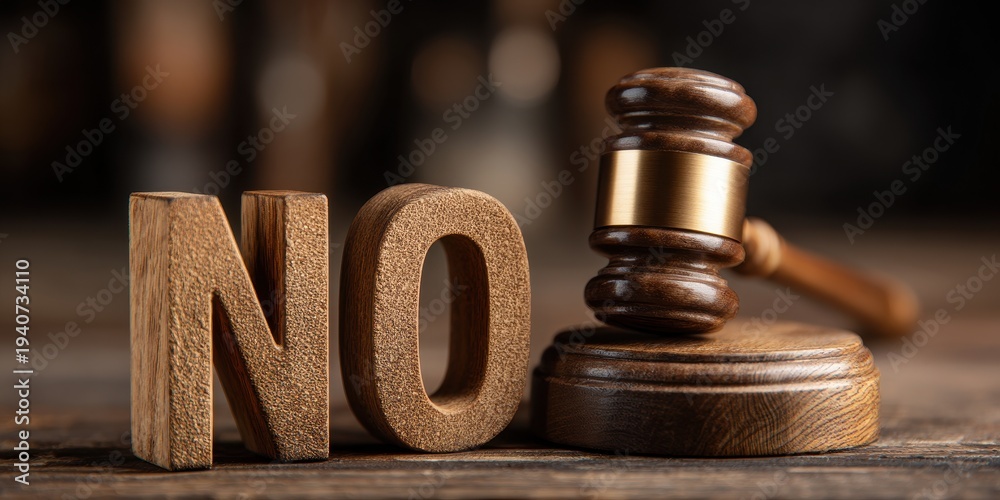 Fototapeta premium Gavel and the word NO on a wooden surface representing legal rejection