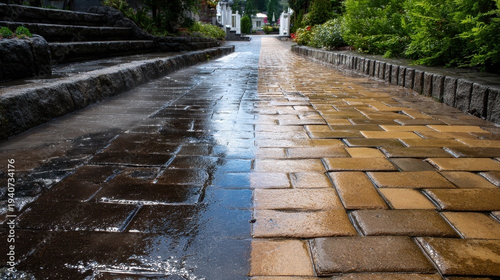 Fototapeta premium Half cleaned pavement path with power washer