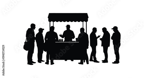A black silhouette depicts people gathered around a market stall appearing to shop and interact silhouette high quality professional detailed modern