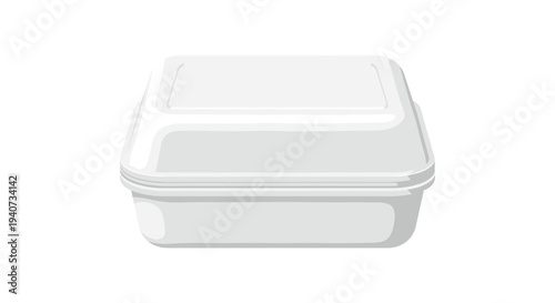 A clean, rectangular white styrofoam food container with a smooth lid is captured from a direct overhead perspective on a white background.
