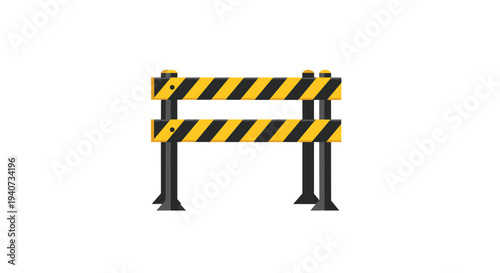 A robust construction barrier with two black and yellow striped planks supported by four dark posts stands on a clean white background.