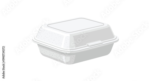 An angled view reveals a closed white styrofoam food container with subtle granular texture on its sides on a clean white background.