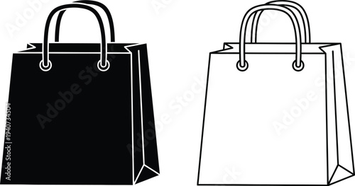 Black and white shopping bags isolated on transparent background, Vector