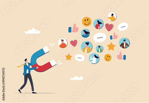 Brand engagement or customer engagement, social positive feedback after using product and share loyalty and trust concept, businessman magnet draw customers with brand engagement impression symbol
