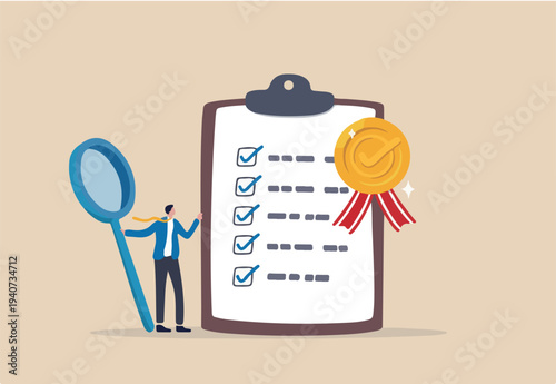 Standard, quality control or certified approval, corporate policy or compliance, guarantee checklist document, assurance concept, businessman hold magnifying glass with standard QC badge document