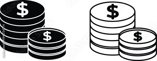Money stacks with dollar sign coins isolated on transparent background, Vector
