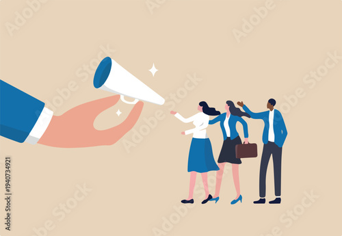 Encourage employee voice, advocacy or support opinion, contribution or help, listen to ideas or communication, staff encouragement concept, businessman hand offer megaphone for employee to speak out