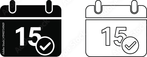 Calendar icon with date 15 and checkmark isolated on transparent background, Vector