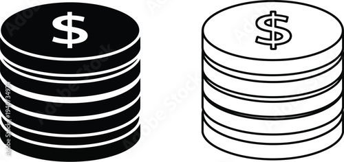 Black and white coins with dollar sign money concept isolated on transparent background, Vector