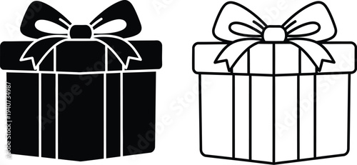 Gift boxes with bows, wrapped presents, black and white icons isolated on transparent background, Vector