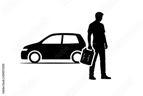 Black silhouette of man with suitcase and car vector