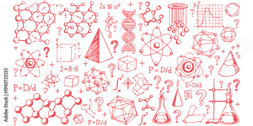 Red hand drawn science education doodle background featuring chemistry biology and physics elements vector illustration