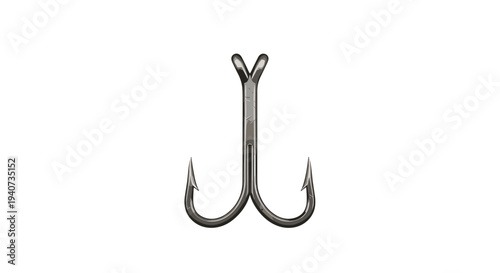 A solitary symmetrical metallic double fishing hook with two sharp barbed points stands upright on a pristine white background.