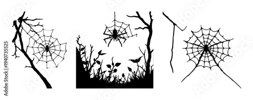 Spider web set with solid black silhouette design featuring arachnid, spooky, Halloween with corner and insect trap