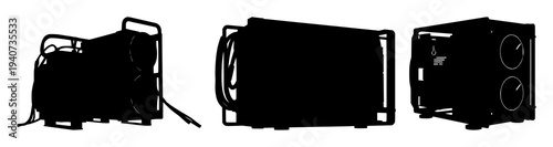 Crypto mining rig set with solid black silhouette on white background high contrast featuring crypto, mining, digital finance with infrastructure and technology