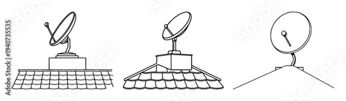 Satellite dish set with modern flat art of a single dish on a roof featuring telecommunications theme, clean lines, white background with minimalism and vector illustration