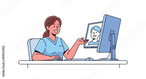 A female healthcare worker sits at a desk examining a patient's profile on a computer screen in a flat 2D style, post pandemic.