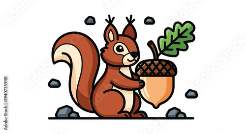 A charming cartoon illustration depicts a squirrel clutching an acorn showcasing a playful simplistic silhouette high quality professional detailed modern elegant