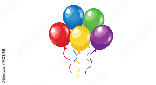A vibrant bunch of five inflated balloons in red, blue, green, yellow, and purple are tied with strings against a clean white backdrop.