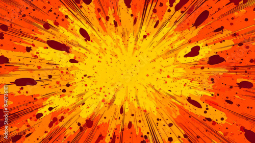 Yellow anime explosion background with bright orange and red paint splash, comic style radial burst, dynamic battle speed effect, superhero action energy, vibrant cartoon vector illustration for drama