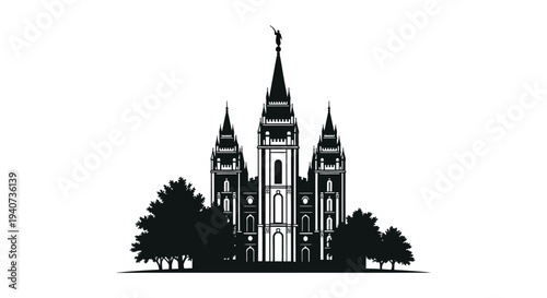 A striking black silhouette of the salt lake temple framed by trees depicts its iconic architectural design silhouette high quality professional