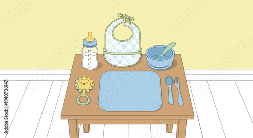 Various baby feeding items, including a bib, bottle, bowl, and rattle, are neatly arranged on a small wooden table against a yellow wall and white floor.