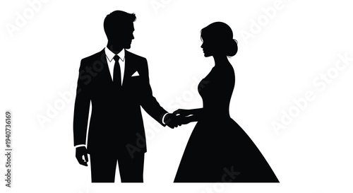 A formally dressed couple gazes at each other while holding hands presented as a striking silhouette high quality professional detailed modern