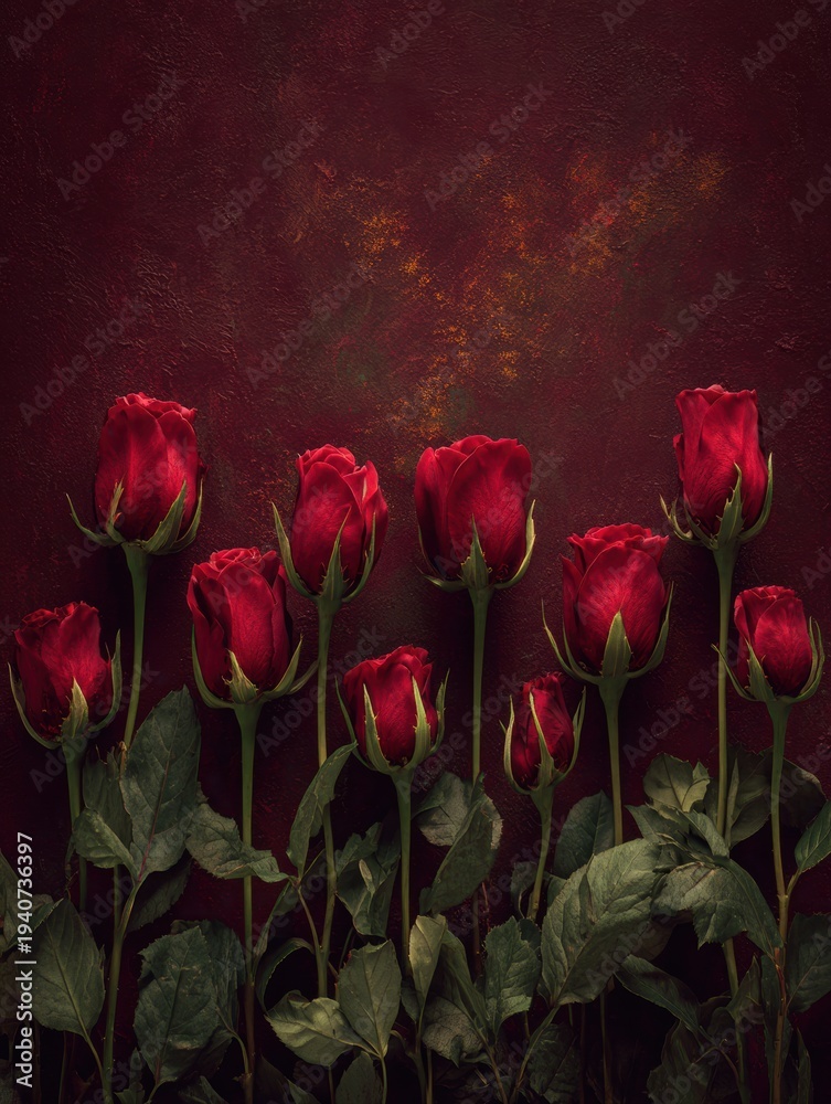 Obraz premium Roses are arranged along the lower edge against a dark background with a romantic feel, suitable for advertisements related to Valentine’s Day.