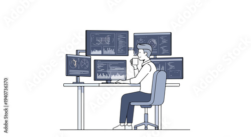 Flat 2D illustration of a man sitting at an office desk with multiple computer monitors for tech and innovation work.