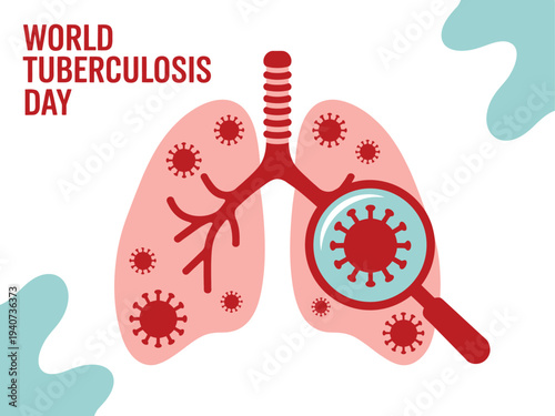 Magnifying glass examines a lung graphic infected with tuberculosis.