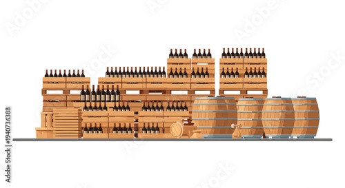 Numerous dark wine bottles are stacked in wooden crates alongside several large wooden wine barrels with metallic bands on a grey floor against a white background.