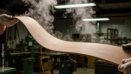 Woodworker hands holding steaming hot flexible bent wood plank in workshop. Artisan shaping furniture component in carpentry. Manufacturing process of curved timber in industrial setting.