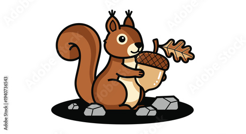 A charming cartoon squirrel happily clutches a large acorn amidst stones showcasing a clean silhouette high quality professional detailed modern elegant