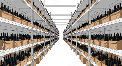 A long, organized warehouse aisle is filled with numerous metal shelves stacked high with brown boxes containing dark wine bottles.