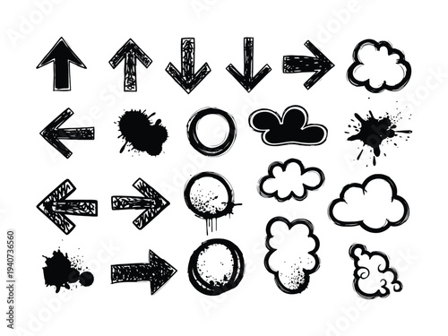 Black and white icons depicting various weather and directional symbols