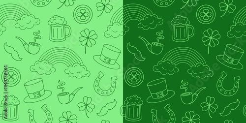 Seamless pattern with Saint Patrick symbols. Outline icons with shamrock, rainbow, beer, hat, pipe, coin, horseshoe. Green festive background for holiday design, wrapping, textile, print, wallpaper.