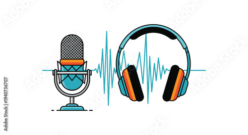 A vibrant illustration depicts a microphone sound waves and headphones all rendered in a bold silhouette high quality professional detailed modern