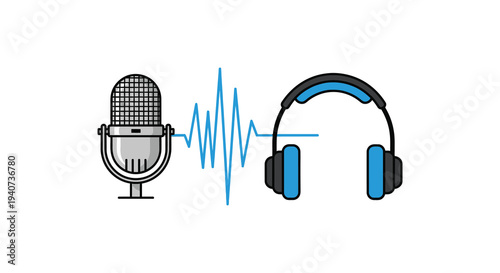 A colorful illustration depicts a microphone sound waves and headphones showcasing audio technology silhouette high quality professional detailed modern elegant stylish