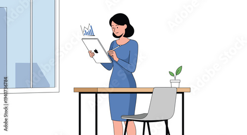 A smiling businesswoman in a blue dress stands at a wooden desk, holding a tablet with a stylus and analyzing charts.