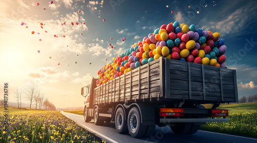 Cargo truck full of colorful Easter eggs on the road in the spring countryside. Concept of Easter logistics, cargo and shipping.