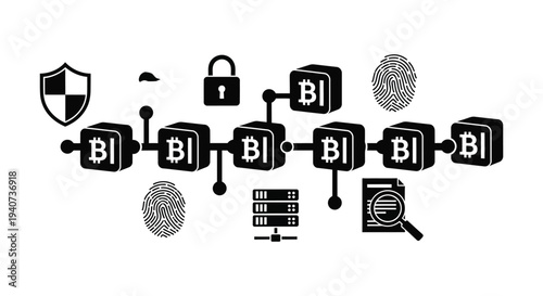 A collection of black security and cryptocurrency icons arranged in a linear fashion presented as a silhouette high quality professional detailed