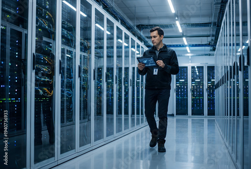 IT specialist walking with tablet in modern data center aisle near servers