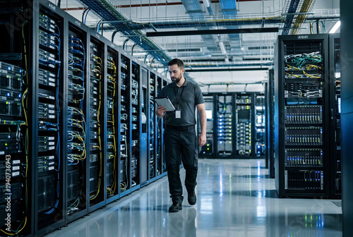 IT technician walks through server room holding tablet inspecting equipment