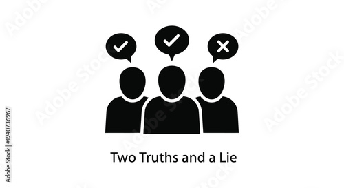 A graphic depicts three heads with checkmarks and an x representing a two truths and a lie game silhouette high quality