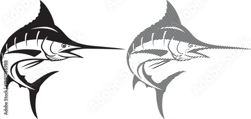 A dynamic illustration of a marlin fish leaping out of the water with a trailing line.