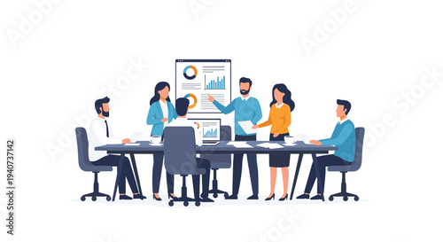 A group of seven diverse business professionals is gathered around a conference table with two individuals presenting information on a large screen.