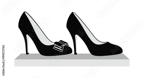 A pair of black high heels stand on a platform with an open book nestled between them silhouette high quality professional