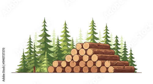 A large, triangular pile of approximately fifty light brown logs is neatly stacked in front of a dense, layered forest of numerous green pine trees.